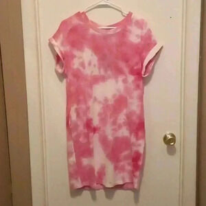 NWT Soft Comfy Waffle Tie Dye Pink & White Lounge Dress With Pockets -Size Small